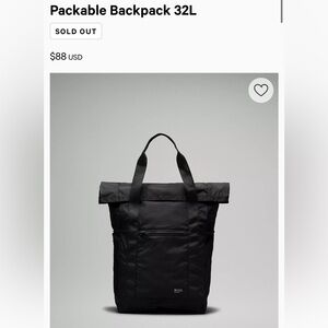 Lululemon Black Packable Backpack 32L NWT